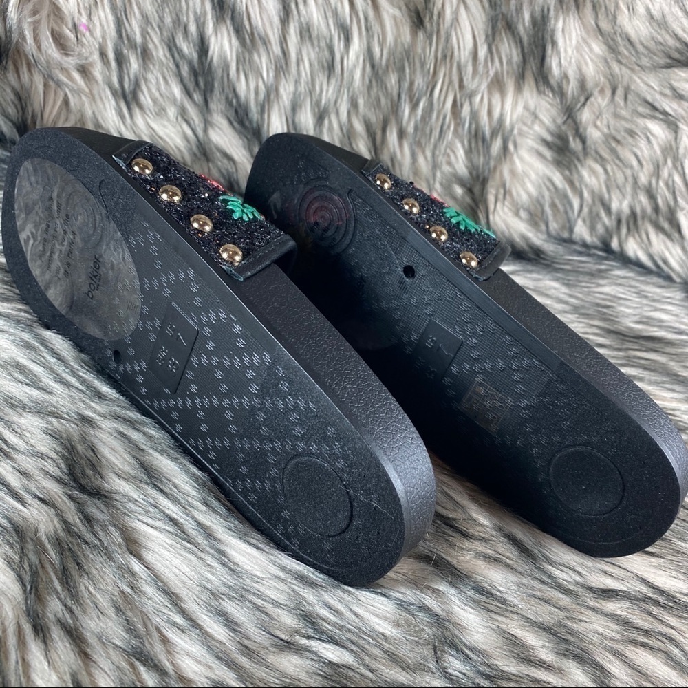 freda Floral Bright Daisy Slide Sandal Slip On Black Glitter 7 - Picture 10 of 11